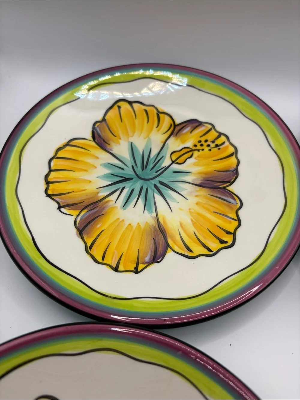 Bright Yellow Floral Ceramic Dinner Plates - Set of 4. Clay Art